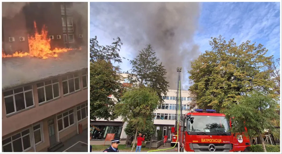 Gori zgrada Еlektrokrajine, vatrogasci na terenu